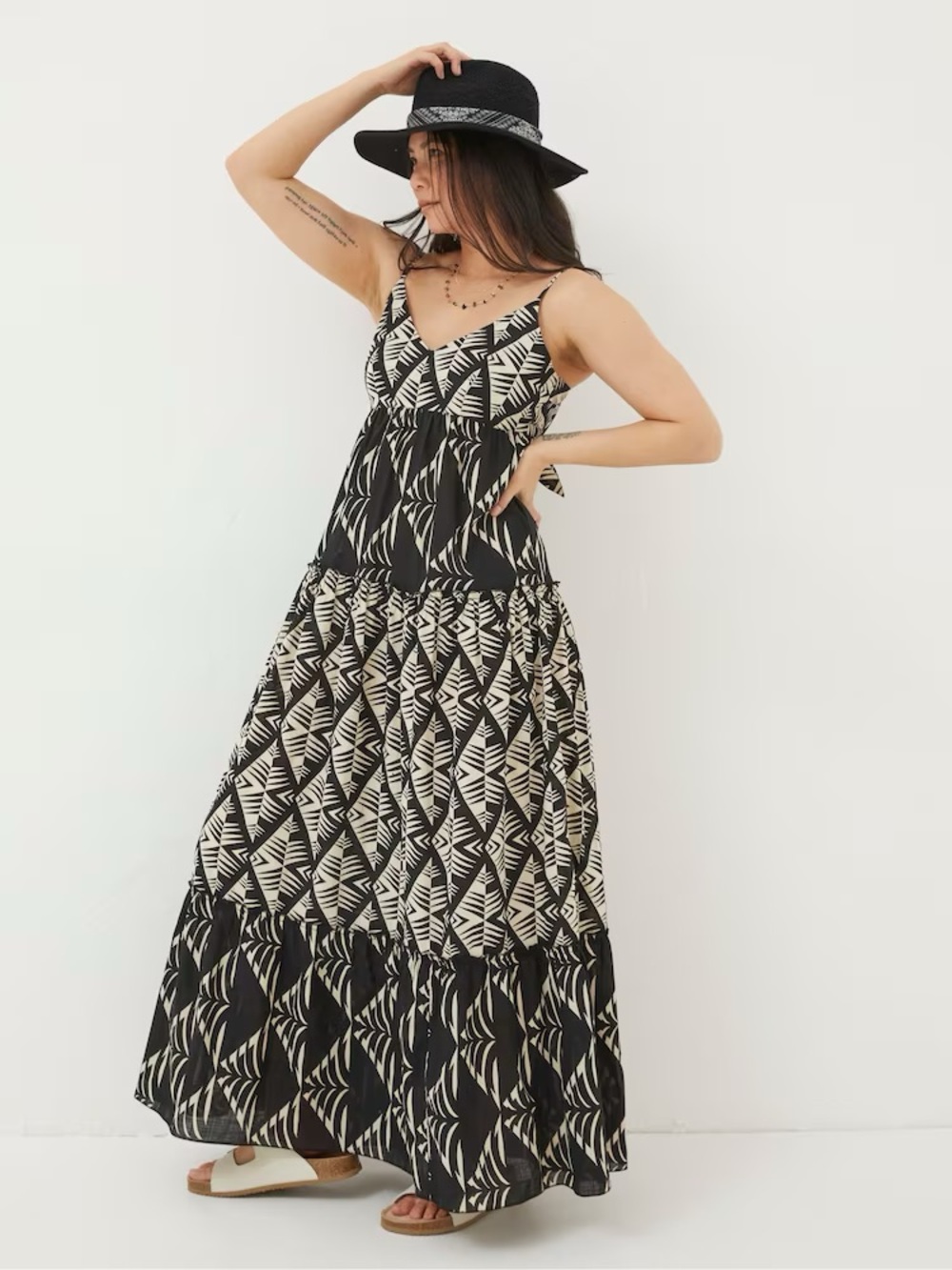 Fat Face Marnie Mono Geo Beach Dress Black Cream Geometric Maxi Dress US 10